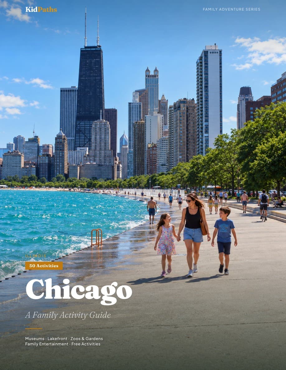Chicago guide cover with a family walking beside Lake Michigan and the city skyline