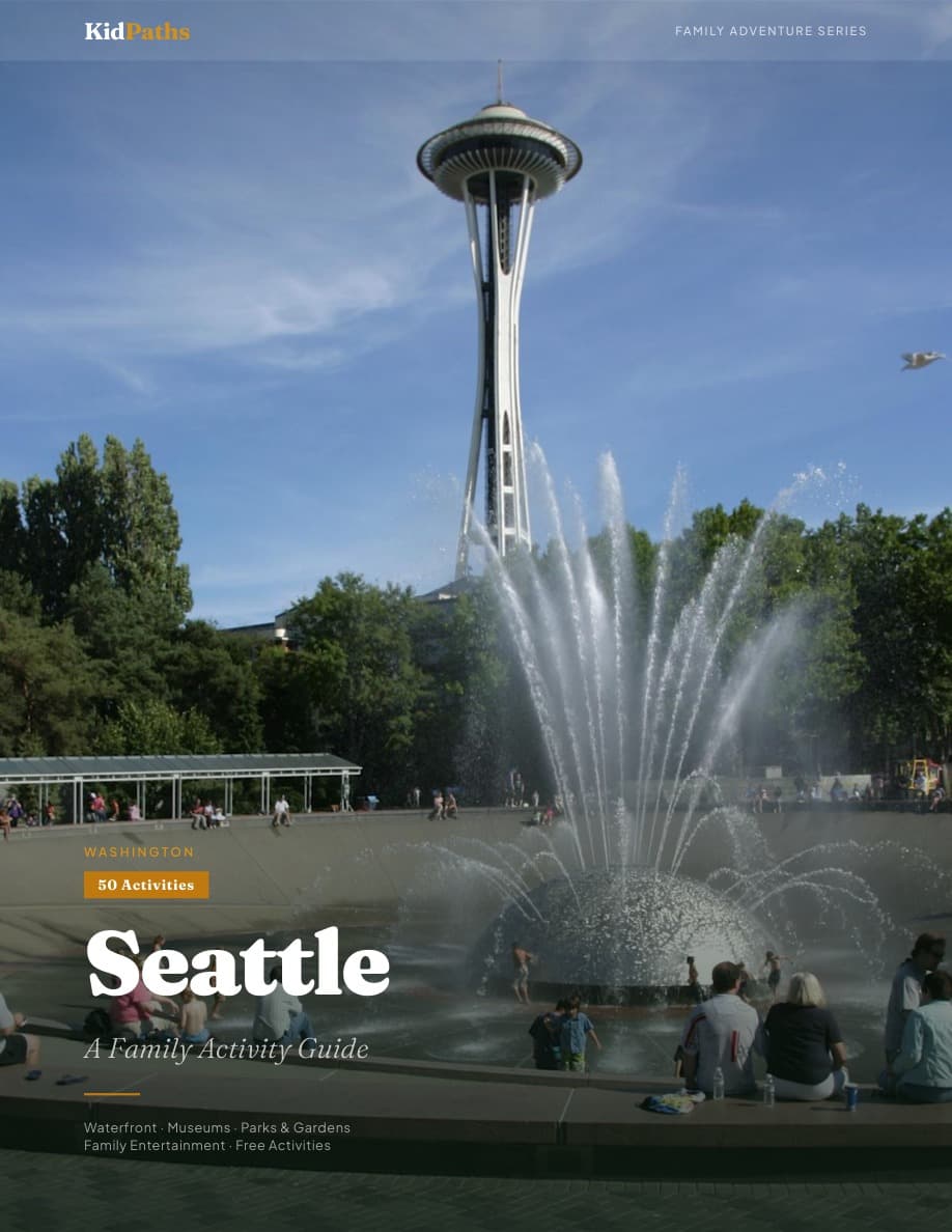 Seattle guide cover with families at the International Fountain beneath the Space Needle