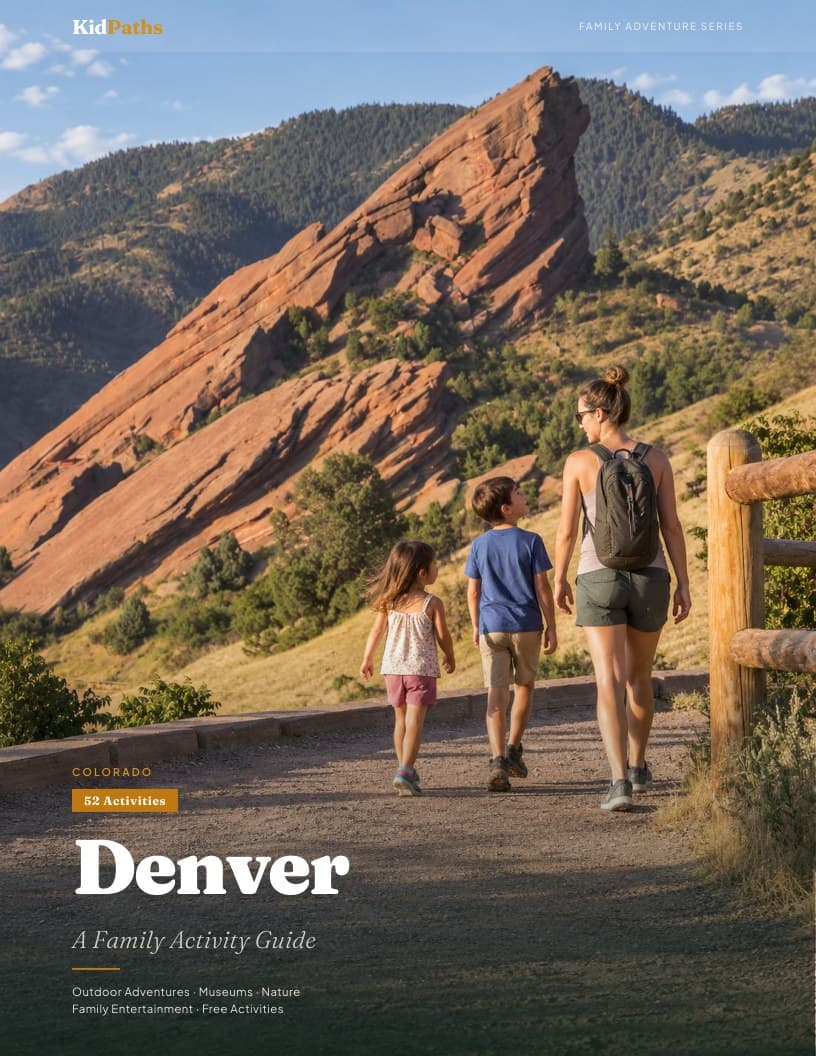 Denver guide cover with a family hiking among the sandstone formations at Red Rocks