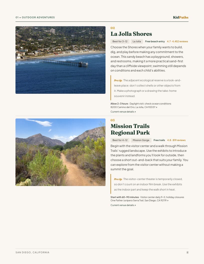 Compare the outings: actual interior page from the San Diego guide