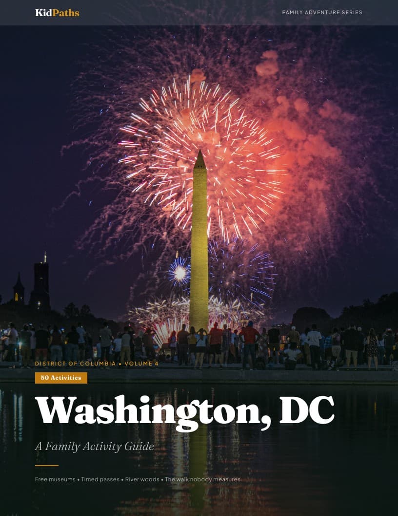 Washington, DC guide cover with fireworks above a crowd on the National Mall