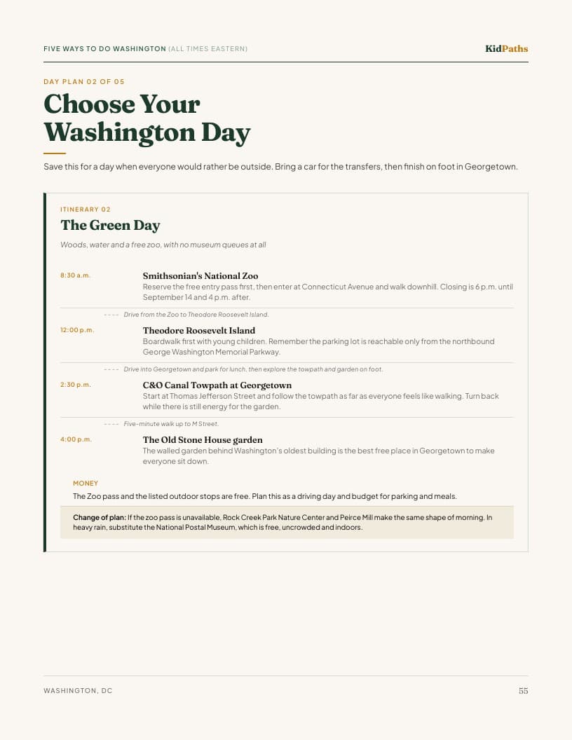 Follow a day plan: actual interior page from the Washington, DC guide