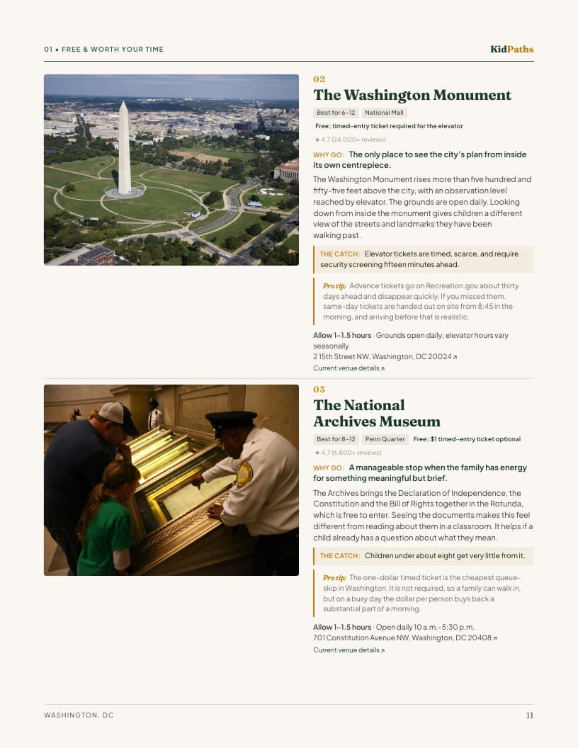 Compare the outings: actual interior page from the Washington, DC guide